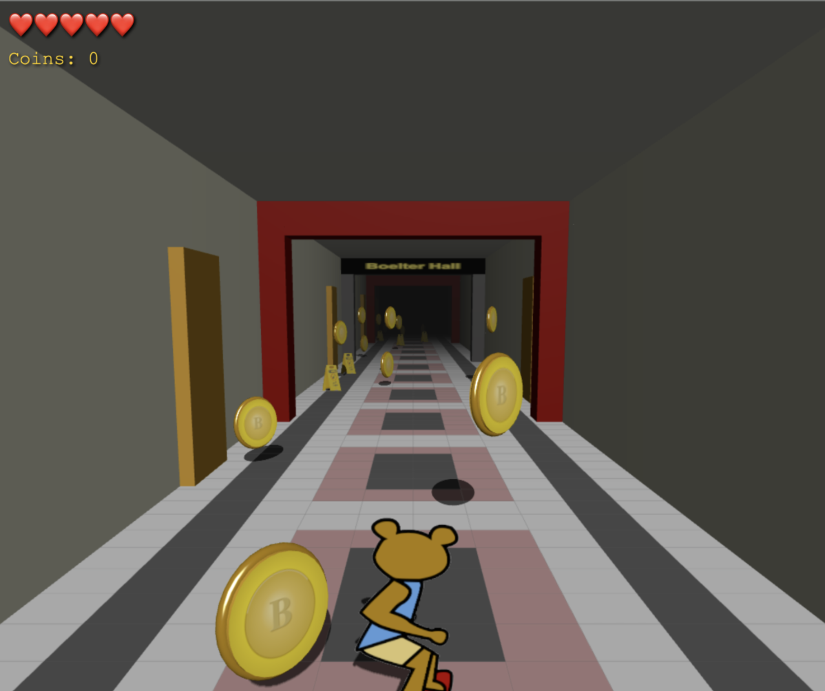 The game in action, with Joe Bruin skating through a hallway and collecting coins